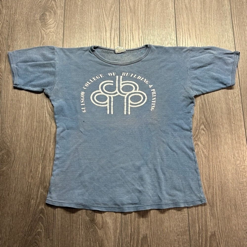 Vintage 70s Glasgow College of Building & Printing Graphic T-Shirt Blue Small M